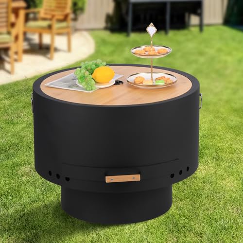 Garvee 26 Inches Smokeless Fire Pits, Wood Burning Firepits with Fire Poker, Outdoor Portable Fire Pits with Removable Ash Pan and Hardwood Top, Backyard Fireplace for Camping, Picnic