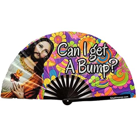 PandaTak Gay Pride Folding Hand Fans, Funny Large 13" Bamboo Fan with UV Reactive Ink, for LGBTQ Circuit Parties EDM Festivals and Raves (Can I Get a Bump Jesus) Cover