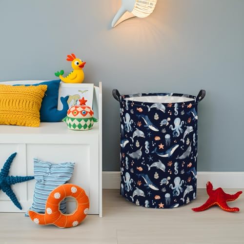 Image of Ocean Baby Laundry Basket Baby Hamper for Nursery Girl Kids Soccer Hamper Cute Storage Bin Organizer Ocean Room Decor for Home(Blue Ocean)