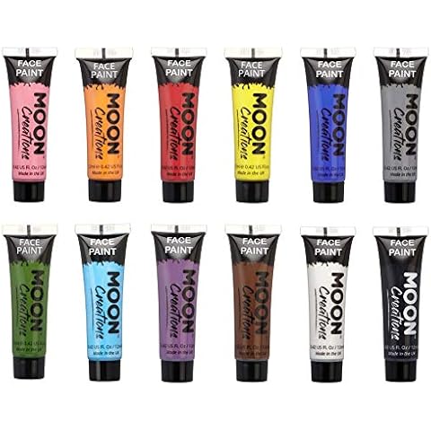 Moon Creations Face & Body Paint Tubes | Set of 12 | 12ml | Ready to Use Face Paint | No Flake | Cruelty Free, Made in UK | Face Paint for Kids, Adults, Fancy Dress, Festivals, Halloween & More Cover