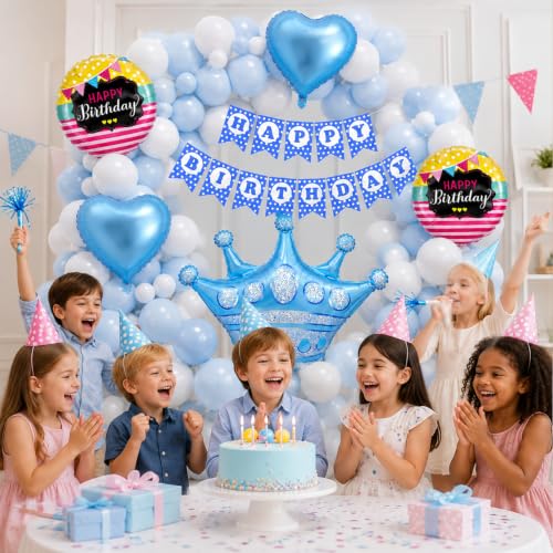 Image of Rozi Decoration Blue White Happy Birthday Decoration Kit Pack of 46 Pcs with Banner, Crown, Heart & Round Birthday Balloons and Latex Balloons for Birthday Party Decoration