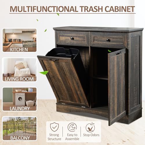 AHB 13 Gallons Tilt Out Trash Cabinet Free Standing Kitchen Trash Can Recycling Garbage Cabinet with Hideaway Drawers, Pet Proof Trash Can Holder for Kitchen Living Room, Rustic Brown - Thumbnail 5