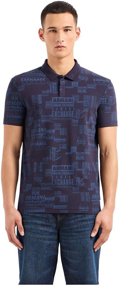 Armani Exchange Men's Regular Fit Printed All Over Logo Pique Polo