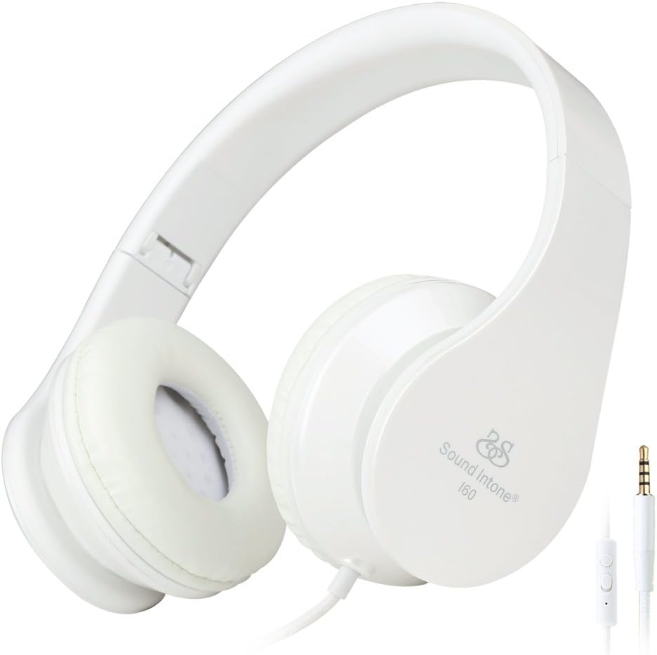 Intone I60 Lightweight Folding 3.5mm Stereo Over-ear Headphones Portable Stretch Headsets Earphones Leather Earpad with Build-in Microphone and Control Button for All Smartphones,laptops,tablets,pc,mp3/mp4,psp,ipod (White)