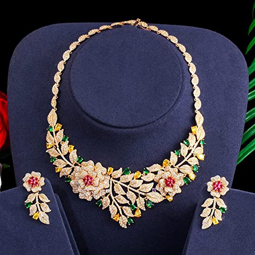 Boda collar pendiente conjunto de joyería con flor rosa de circonitas 4