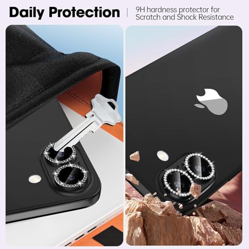 Image of CLITZ for iPhone 16 /16 Plus Camera Lens Protector Bling Individual Metal Diamond Ring 9H Hardness Scratchproof Protector, Stylish Phone Accessories, Case Friendly (Black Diamond)