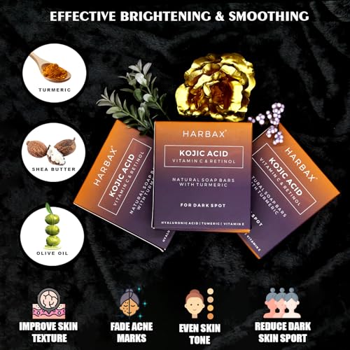 Image of Kojic Acid Soap (Pack of 3 (100 Grm)) for Hyperpigmentation - with Glutathione, Collagen & Vitamin C - Natural Soap Bars with Turmeric - Original Japanese Complex for Dark Spot Correction
