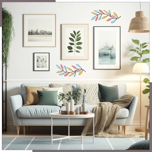Image of Zhengmy 2 Pieces Metal Tree Leaf Wall Decor Vine Olive Branch Leaf Wall Art Living Room, Hallway Wall Decor Outdoor Decoration (Spring Colors)