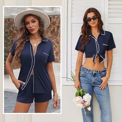 Image of Ekouaer Womens Pajama Sets Button Down Lounge Set 2 Piece Loungewear Soft Sleepwear Short Sleeve Pjs with Pockets