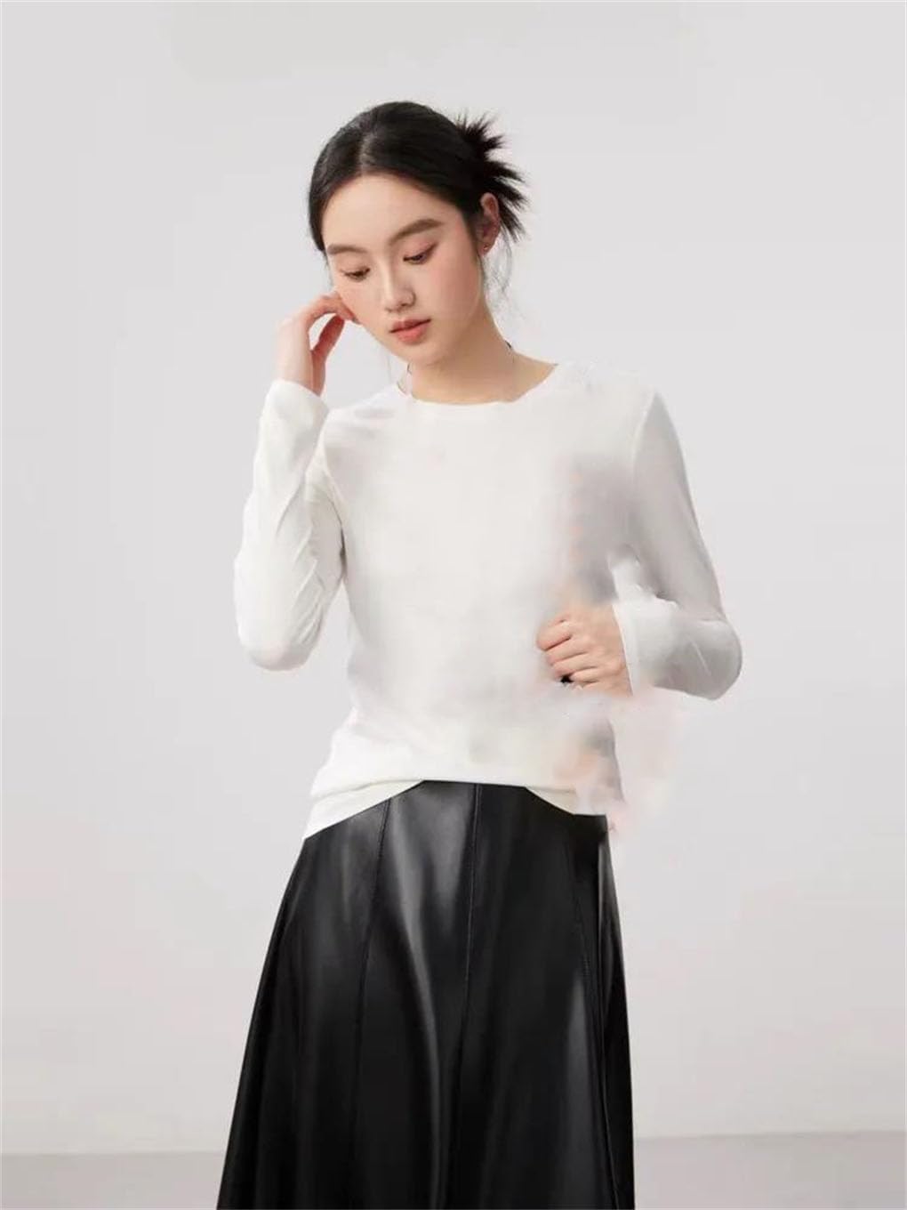 Women Long Sleeve Thread T-Shirts Smooth Knitted Solid Color Basic Soft Bottoming T-Shirts Tops