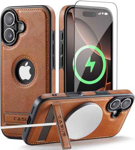 Image of Casus for iPhone 17 Case with MagSafe, Slim Kickstand Vegan Leather Protective Cover with Tempered Glass Screen Protector, 6.3 Inch (2025), Brown