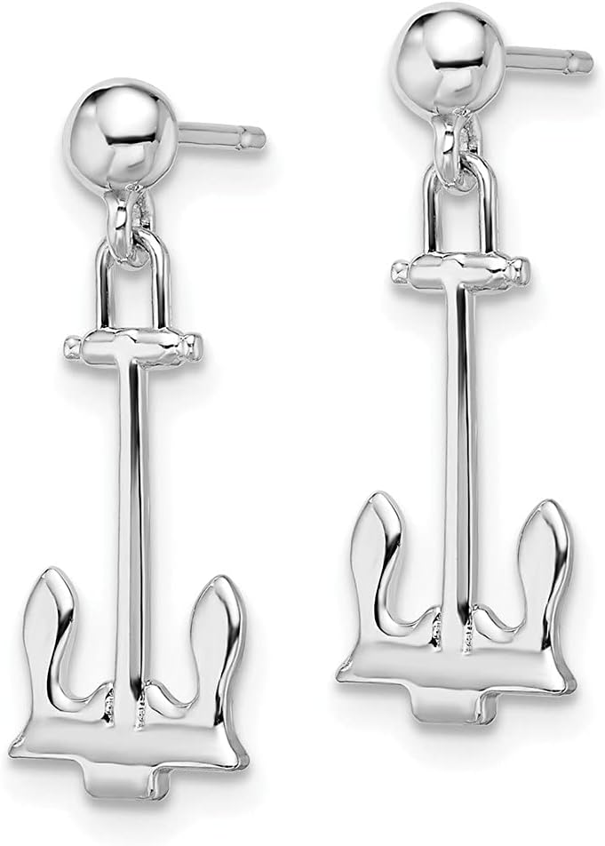 Diamond2Deal Sterling Silver Polished Navy Anchor Dangle Earrings (L- 0.91 in, W- 0.31 in)