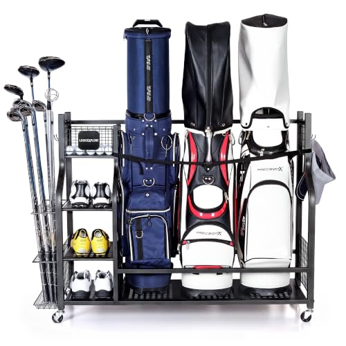 Golf Bag Storage Organizer Rack for Garage, Golf Bag Stand with Rolling Wheels, Heavy-Duty Metal Golf Equipment Organizer for Home, Garage, Clubhouse