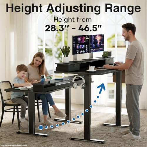 Image of Veken 55x26 in Electric Standing Desk with Drawers, Adjustable Table, Black | Stand up Computer Desk for Home Office, Work & Study, with Storage, 3 Memory Presets, Cable Organizer, Hook, and Quiet Lift.
