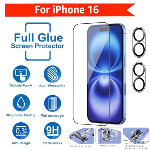 Image of OpenTech️ Military-Grade Gorilla Tempered Glass for iPhone 16 with Camera Lens Protector (Pack of 2) Edge to Edge Coverage - Case Friendly, Anti scratch, HD Clear and Bubble free installation kit