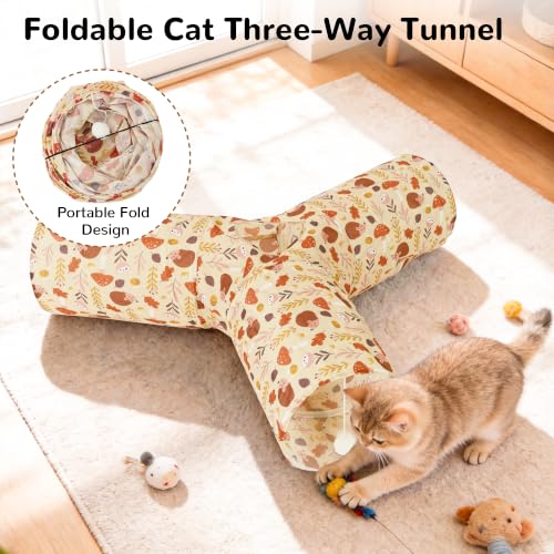 Image of Tempcore Cat Tunnel, 3-Way Collapsible Toy, Large Size Khaki Hedgehog | Large Size 3-Way Cat Tunnel Provides More Room for Cats to Run, Hide and Chase, with Peek Holes, Hanging Ball and Teaser Wand