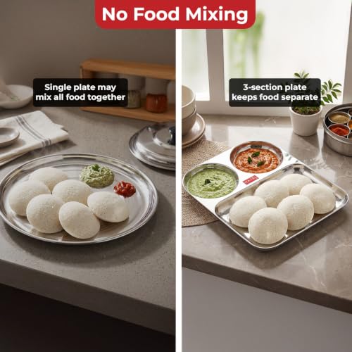 Image of HAZEL 3 Section Plate Stainless Steel Bhojan Thali Set of 6 for Idli Sambar