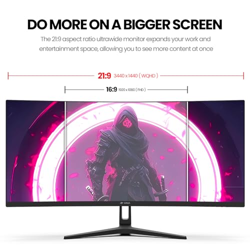 Image of CRUA 34 Inch Curved Gaming Monitor, 21:9 WQHD 3440x1440 165Hz /144Hz 1500R Ultrawide Computer Monitor Support Freesync, PIP /PBP, 120% sRGB, HDMI 2.0 & DP 1.4, Wall Mountable /Tilt Adjustable-Black