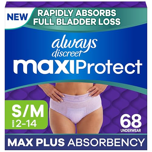 Always Discreet MaxiProtect Adult Diapers for Women Incontinence Underwear Scented Postpartum Essentials Bladder Leak Protection Disposable Briefs Maximum Plus Absorbency Size S/M 68 Count