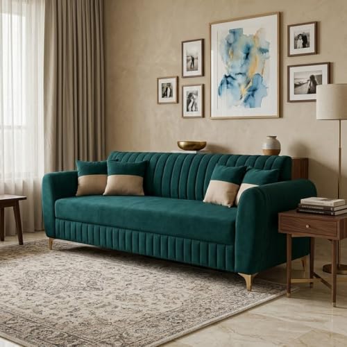Image of CASASTYLE Signature Velour 3 Seater Sofa Set | Boston Matte Fabric | 40D Foam + Zigzag Spring | 3-Yr Warranty (Ocean Green)