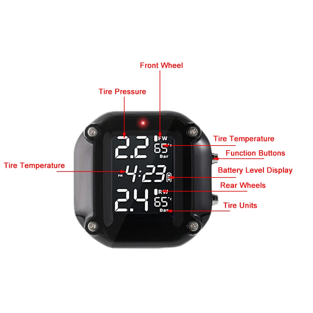 Riloer 1 sistemi di monitoraggio della pressione dei pneumatici per moto, monitoraggio in tempo reale della pressione e della temperatura per moto a 2 ruote, nero/trasparente