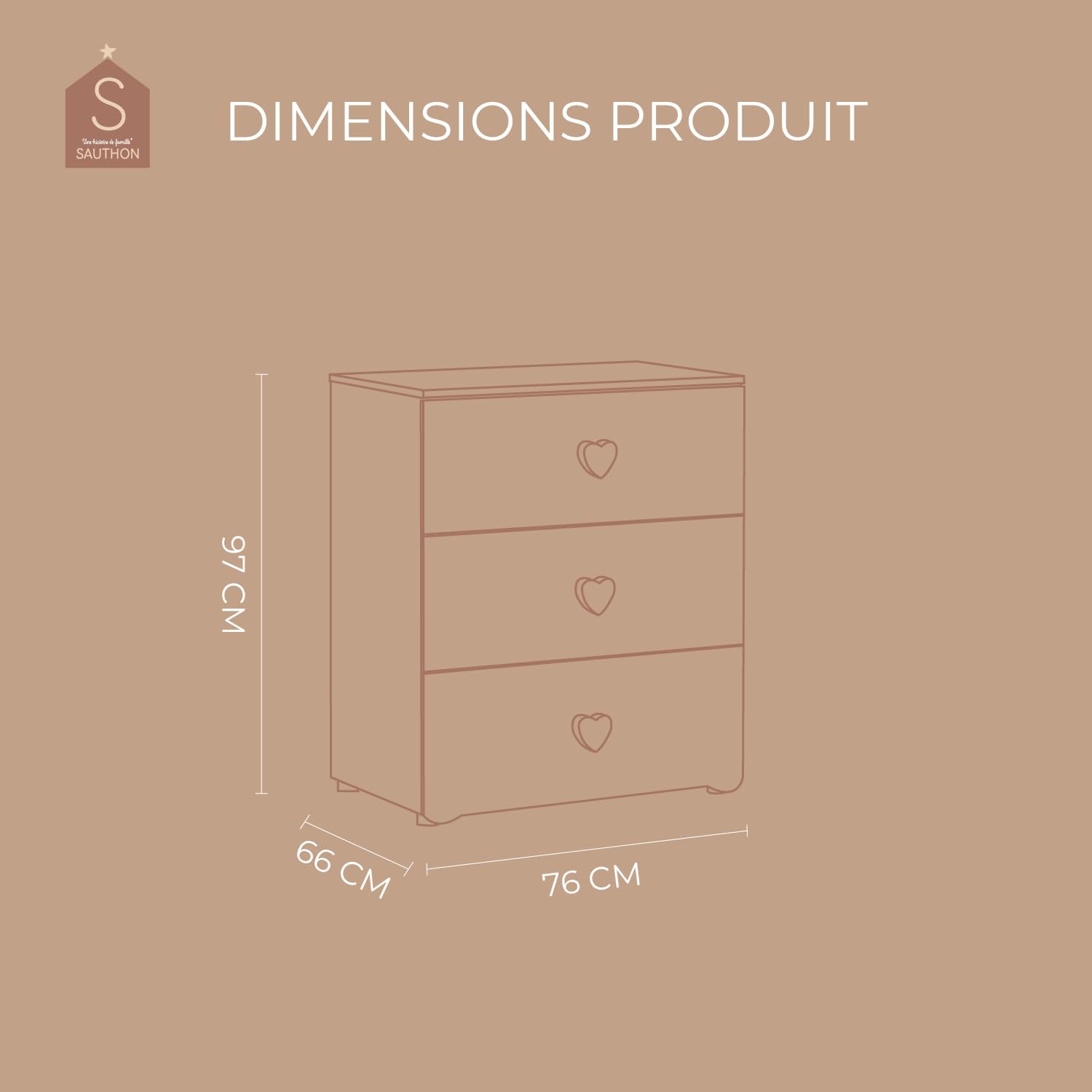 Commode bébé | Commode 3 tiroirs | Plan à Langer Inclus | Boutons Coeur Rose Basic | 76 x 97 x 66 cm | Fabriqué en France | Babyprice par Sauthon