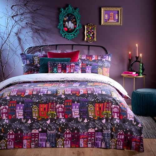 furn. Creepy Town Reversible Duvet Cover Set - Halloween Bedding (Charcoal - Super King)
