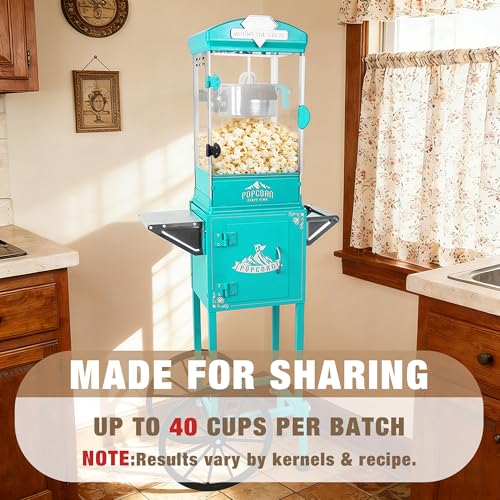 Image of 10oz Popcorn Machine with Cart - Vintage Movie Theater Style Maker - Shatterproof Acrylic and Storage Cabinet for Home Parties, Concessions - Turquoise