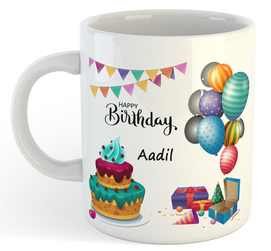 Happy Birthday Aadil Name Printed Ceramic Coffee Mug