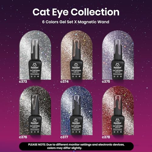Image of Beetles Cat Eye Gel Nail Polish Set 6 Colors Glitter Red Purple Blue Nail Polish with Magnet Spring Gel Polish Soak Off U V Led Gifts for Women Girls Salon DIY Home