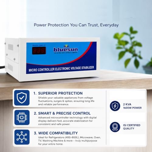 Image of Bluesun 2KVA 1600w Voltage Stabilizer for Refrigerator, Microwave & Oven, LED TV, Washing Machine (2KVA(90v-300v)1600w)