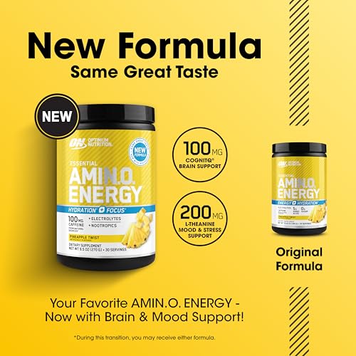 Image of Optimum Nutrition Amino Energy Powder Plus Focus, with BCAA, Electrolytes, and Caffeine, Pineapple Twist, 30 Servings (Packaging May Vary)