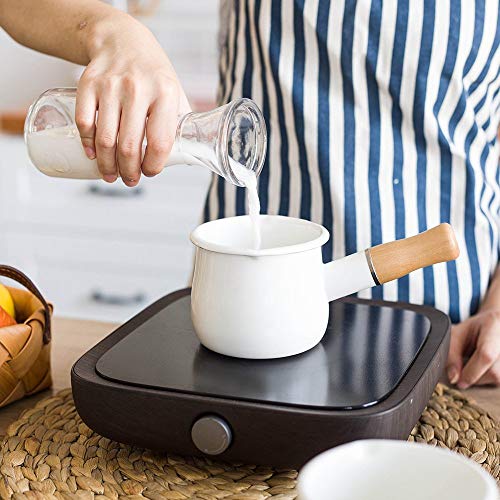 Enamel Milk Pan, Mini Butter Warmer 10cm Enamelware Saucepan Pan Cookware with Wooden Handle, Perfect Size for Heating Smaller Liquid portions. (White) 3 Gallery Image
