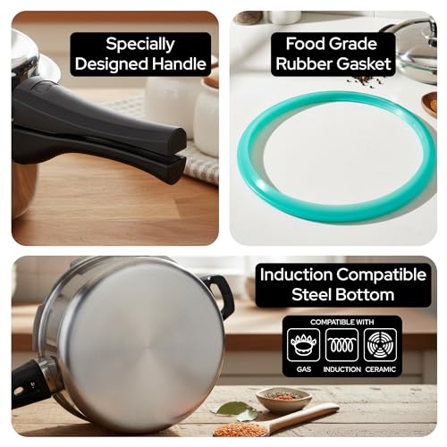 Image of Impex Triply Stainless Steel Pressure Cooker 5 Litres With Outer Lid | Induction and Gas Stove Competable | 3 Layer Construction | ISI Certified | 5 Year Warranty (5 Litre)