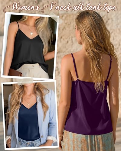Image of 3 Pack Women's Silk Satin Camisoles V Neck Tank Tops | 95% Polyester, 5% Spandex, Adjustable Spaghetti Strap, Loose Blouse, Daily Wear, Sleeveless, Classic V Neck