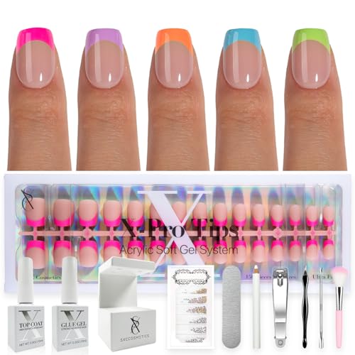 SXC Cosmetics X-Pro Tips French Tip Press On Nails - Bright Pastel Glow in the Dark Series (GLOW113KIT-XS Square)
