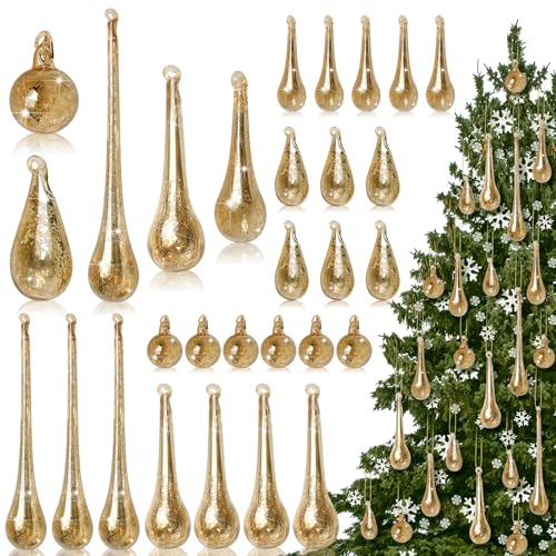24 Pcs Mercury Glass Teardrop Ornaments for Christmas Tree Raindr...