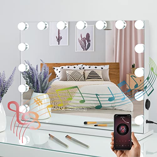 Showtimez Vanity Mirror With Lights And Speaker Hollywood Makeup Mirror With Led Lights, Tabletop Or Wall-Mounted, 10X Magnification, 22.8" W X 17.5" H #TOP1
