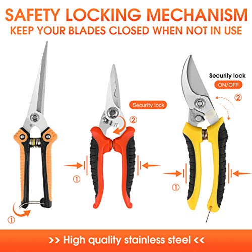 KeShi Garden Steel Pruning Shears, Professional Gardening Scissors Cutter Clippers Set, 3 Pack Stainless Steel Blades Handheld Pruners Set with Protect Garden Gloves and Storage Bag