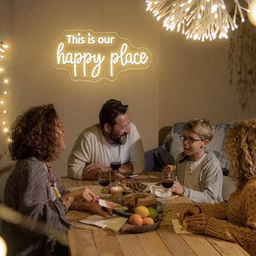 Image of This is Our Happy Place Neon Sign Happy Place Neon Signs for Wall Decor Dimmable Warm White LED Signs for Bedroom Classroom Man Cave Home Bar Birthday Party Decor Neon Classroom Sign