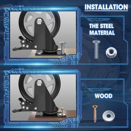 Image of 5 Inch Caster Wheels, Casters Set of 8, ASHGOOB Casters with Brake Heavy Duty, Industrial Locking Swivel Top Plate Castor Wheels for Workbench /Furniture /Cart. （AB Switch, Double Pedal Brake