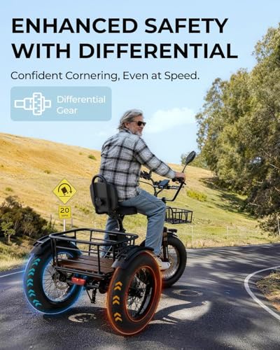 Image of Skeri Electric Tricycle for Adults, 750W(Peak 1350W) Motor Etrike, 20 inchx4 inch Folding Fat Tire Electric Trike, 48V13Ah Battery, 3-Wheel Electric Bike, 20MPH, Front & Rear Basket & Differential