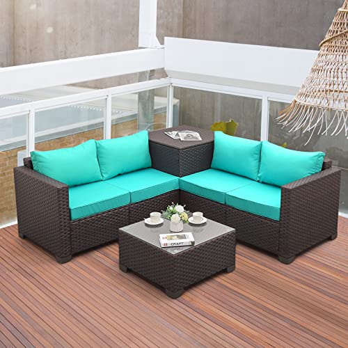 Valita Patio Pe Wicker Furniture Set 4 Pieces Outdoor Brown Rattan Clearance Sectional Conversation Sofa Chair With Storage Box Table And Turquoise Cushions #TOP10