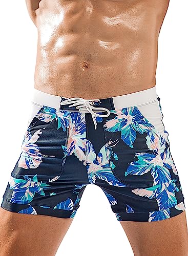 MIZOK Men's Color Block Sport Swimwear Swimsuit Quick Dry Swimming Boxer Trunks with Pockets