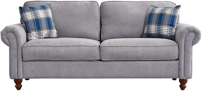 Panana Modern 2 or 3 Seater Sofa, Fabric Loveseat with 2 Plaid Accent Pillows,Rolled Armrest, Compact Living Room Settee Couch (Grey, 2 Seater)