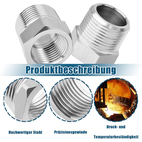 QZKJQDD 2 Stück Reduzierstück 1/2 auf 3/8, 2 Stück Adapter 1/2 auf 3/8 Zoll, Reduzierstück, Edelstahl Gewindefitting, Außengewinde-Innengewindeverbindungen, Geeignet für Industrie Usw Mit Lederring