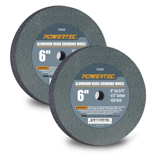 Image of POWERTEC Bench Grinder Wheel 6 Inch 150 Grit, Aluminum Oxide Grinding Wheel for Bench Pedestal Grinder, 3 /4 inch Thick 1 /2 inch Arbor, Sharpening & Shaping Drill Bits, Blade, and Chisel 2PK (15520-P2)