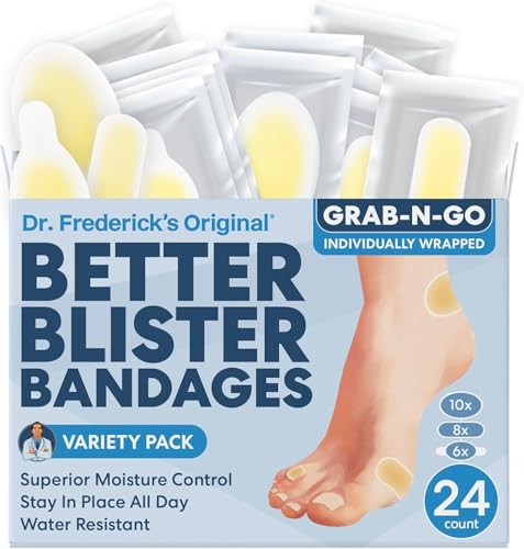 Dr. Fredericks Original Better Blister Bandages - 24 ct - Healing Blister Pads - Grab-N-Go - Water Resistant - 40% More Cushioning - Hydrocolloid - Feet Toe & Heel Blister Prevention - Variety Pack