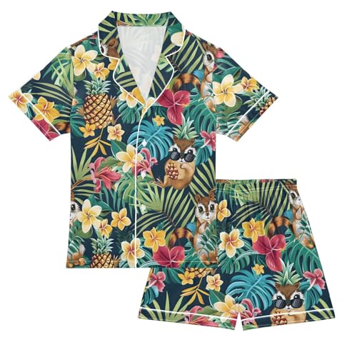 ALAZA Pineapple Capybara Palm Leaf Satin Pajamas Set Short Sleeve Button Down Sleepwear Summer Pjs 2 Piece