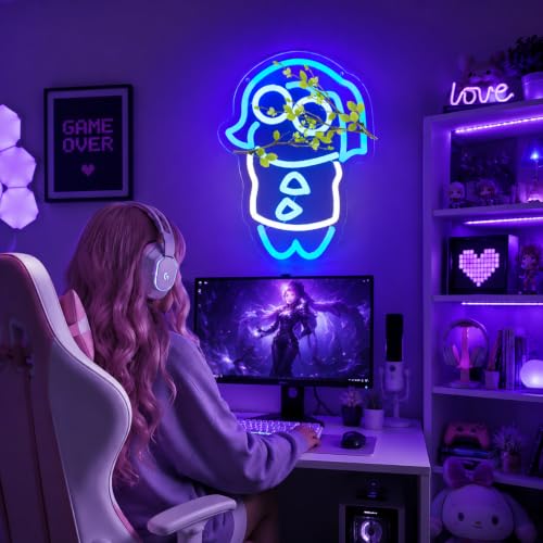 Image of Cute Cartoon Neon Sign Dimmable Blue Girl LED Light Sign for Wall Decor, Aesthetic Sad Gaming Night Light for Bedroom Game Room Birthday Playroom Gift for Kids